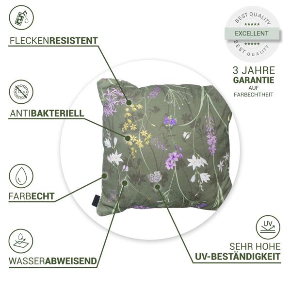 2er-Set Bequemes Deko-Kissen Outdoor, Blumenmuster grün, 50 x 50 x 10 cm, wetterfest, wasserabweisend & stilvoll für Garten, Terrasse & Balkon