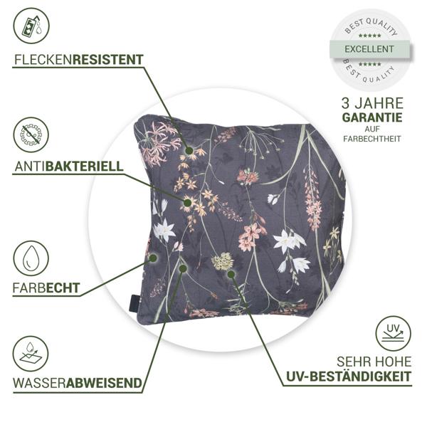 4er-Set Bequemes Deko-Kissen Outdoor, Blumenmuster anthrazit, 50 x 50 x 10 cm, wetterfest, wasserabweisend & stilvoll für Garten, Terrasse & Balkon