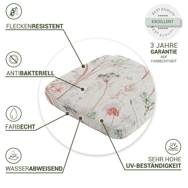 2er-Set Bequemes Stuhlkissen Outdoor, Blumenmuster weiss, 48 x 48 cm, wetterfestes & wasserabweisend Sitzkissen, stilvoll für Garten, Terrasse & Balkon