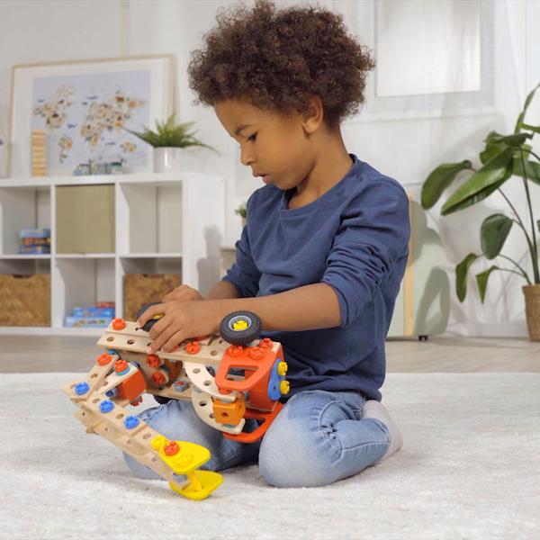 Feuerwehr Spielzeug 2in1 Set, 137 Teile, mit FSC Holz, nachhaltiges Konstruktionsspielzeug ab 5 Jahre - Kreatives Lernspielzeug