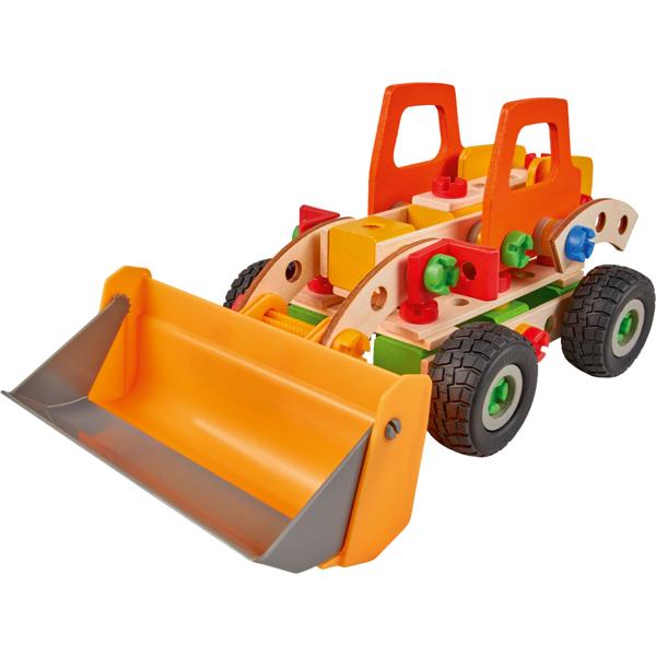 Kreatives Lernspielzeug 140tlg. 6 Fahrzeug-Modelle: Radlader, Baggerlader, Schreitbagger, Kompaktlader, Unimog & Bigfoot - Selberbauen, FSC 100% 