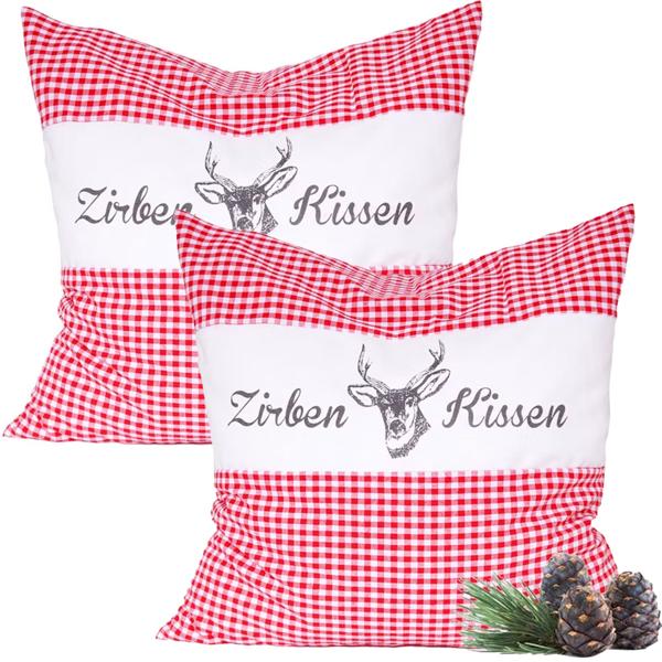 2er-Set Zirbenkissen Vichy Rot 40x40 cm, gefüllt mit 450g Natur Zirbenspäne, 100% Bio-Baumwolle Bezug, Aromatherapie Schlafkissen aus Deutschland