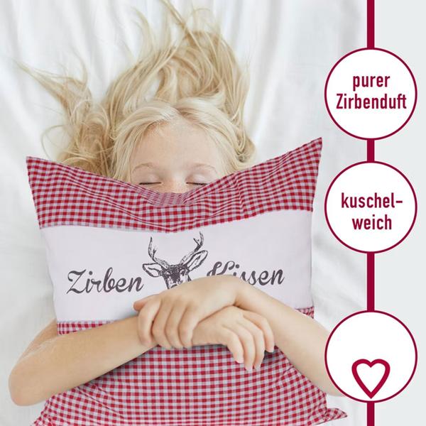 2er-Set Zirbenkissen Vichy Rot 40x40 cm, gefüllt mit 450g Natur Zirbenspäne, 100% Bio-Baumwolle Bezug, Aromatherapie Schlafkissen aus Deutschland