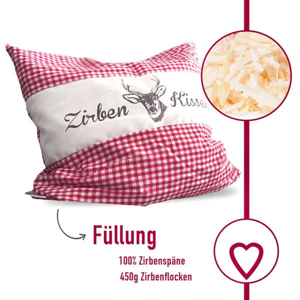 2er-Set Zirbenkissen Vichy Rot 40x40 cm, gefüllt mit 450g Natur Zirbenspäne, 100% Bio-Baumwolle Bezug, Aromatherapie Schlafkissen aus Deutschland