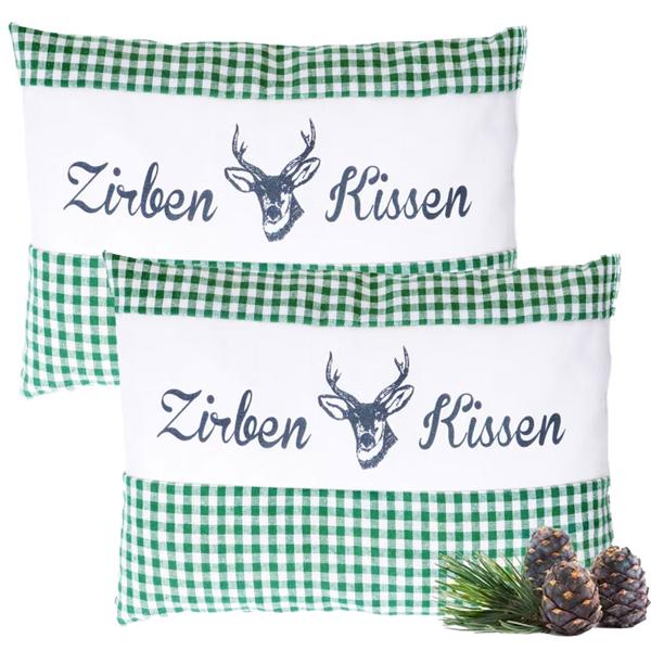2er-Set Zirbenkissen Vichy Grün 26x19 cm, gefüllt mit 220g Natur Zirbenspäne, 100% Bio-Baumwolle Bezug, Aromatherapie Schlafkissen aus Deutschland