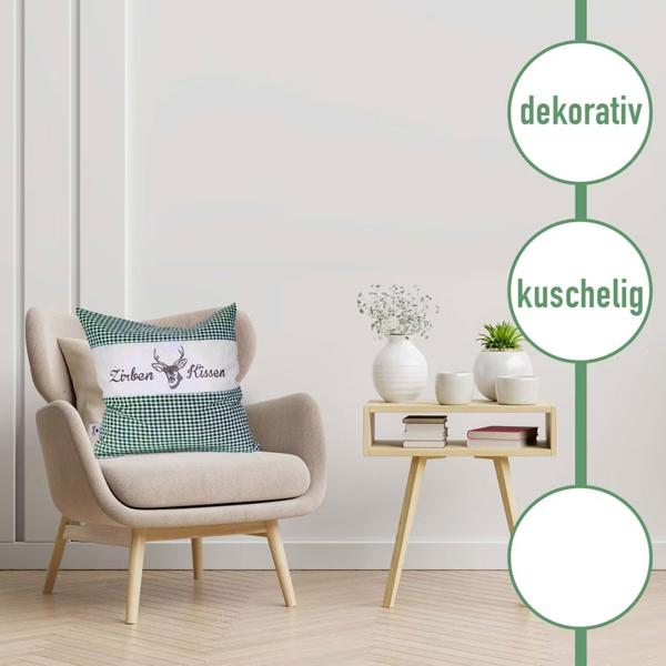 2er-Set Zirbenkissen Vichy Grün 26x19 cm, gefüllt mit 220g Natur Zirbenspäne, 100% Bio-Baumwolle Bezug, Aromatherapie Schlafkissen aus Deutschland