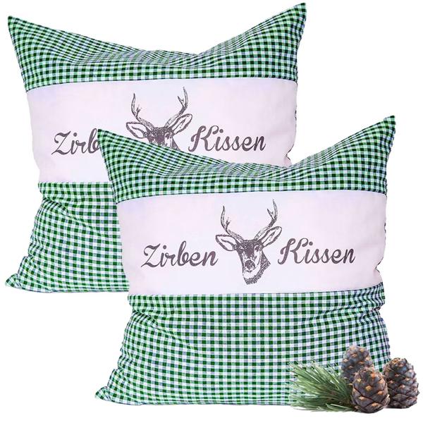 2er-Set Zirbenkissen Vichy Grün 30x30 cm, gefüllt mit 350g Natur Zirbenspäne, 100% Bio-Baumwolle Bezug, Aromatherapie Schlafkissen aus Deutschland