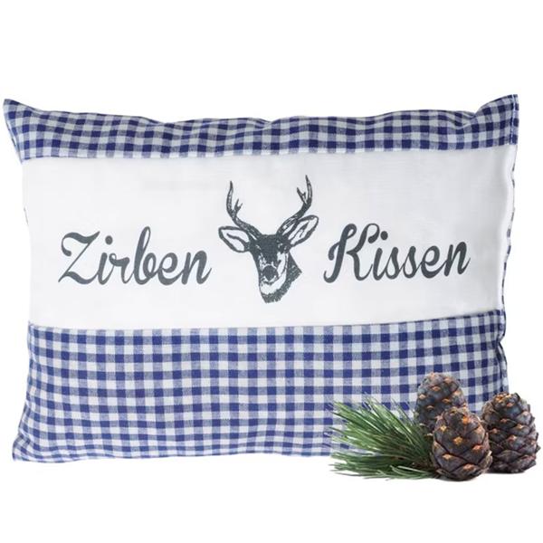 Zirbenkissen Vichy Blau 26x19 cm, gefüllt mit 220g Natur Zirbenspäne, 100% Bio-Baumwolle Bezug, Aromatherapie Schlafkissen aus Deutschland