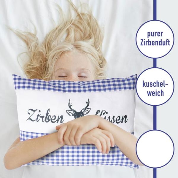 Zirbenkissen Vichy Blau 26x19 cm, gefüllt mit 220g Natur Zirbenspäne, 100% Bio-Baumwolle Bezug, Aromatherapie Schlafkissen aus Deutschland