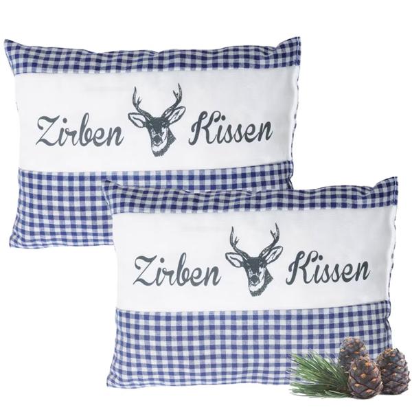2er-Set Zirbenkissen Vichy Blau 26x19 cm, gefüllt mit 220g Natur Zirbenspäne, 100% Bio-Baumwolle Bezug, Aromatherapie Schlafkissen aus Deutschland