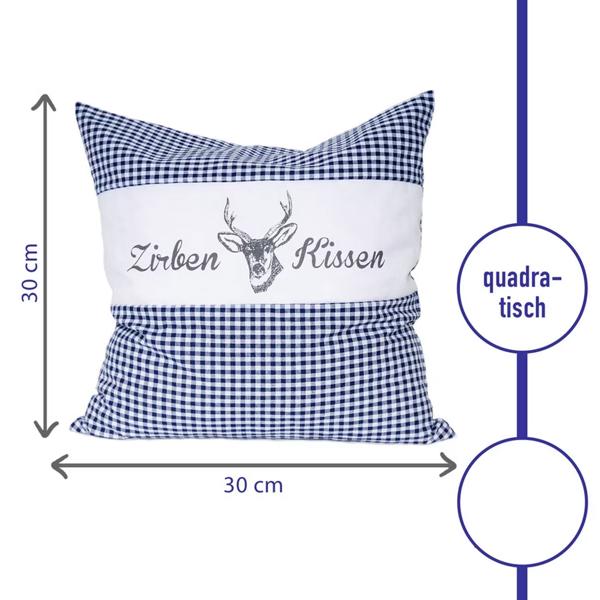 Zirbenkissen Vichy Blau 30x30 cm, gefüllt mit 350g Natur Zirbenspäne, 100% Bio-Baumwolle Bezug, Aromatherapie Schlafkissen aus Deutschland