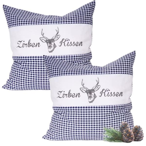 2er-Set Zirbenkissen Vichy Blau 30x30 cm, gefüllt mit 350g Natur Zirbenspäne, 100% Bio-Baumwolle Bezug, Aromatherapie Schlafkissen aus Deutschland