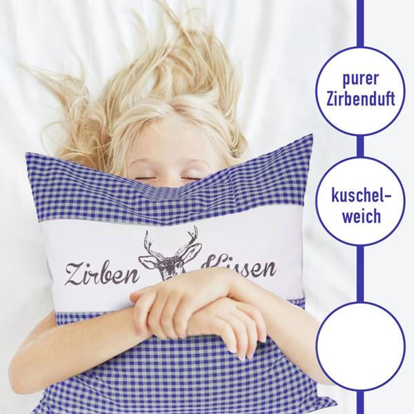 2er-Set Zirbenkissen Vichy Blau 30x30 cm, gefüllt mit 350g Natur Zirbenspäne, 100% Bio-Baumwolle Bezug, Aromatherapie Schlafkissen aus Deutschland