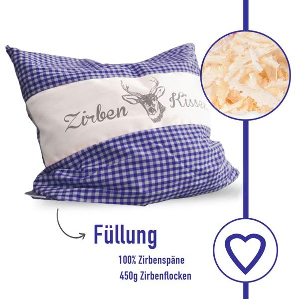Zirbenkissen Vichy Blau 40x40 cm, gefüllt mit 450g Natur Zirbenspäne, 100% Bio-Baumwolle Bezug, Aromatherapie Schlafkissen aus Deutschland