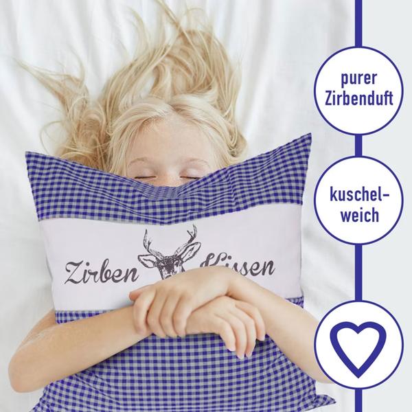 2er-Set Zirbenkissen Vichy Blau 40x40 cm, gefüllt mit 450g Natur Zirbenspäne, 100% Bio-Baumwolle Bezug, Aromatherapie Schlafkissen aus Deutschland