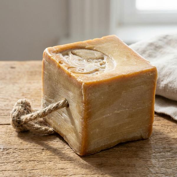 Authentische Aleppo Seife 100g mit Kordel, Lorbeeröl 3%: Naturseife handgefertigt in Syrien für sensible Haut, vegane Körperpflege & Haarwäsche