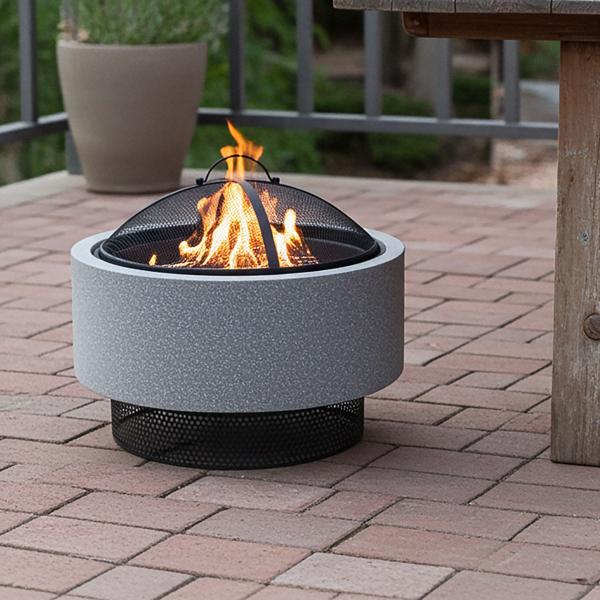 Feuerschale aus Kunststein & Stahl - Feuerstelle mit Grillrost, Funkenfänger & Schürhaken - Grau/Schwarz - Ø 52x18,5cm - Robust & Vielseitig