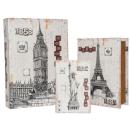 3-tlg. Dekorationsbox-Set Buchform Vintage - London, New York, Paris Motive - Aufbewahrung Schatztruhe - HDF mit Stoff ausgekleidet